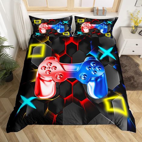 Parure de lit avec housse de couette pour garçons et console de jeu vidéo moderne pour enfants Motif géométrique hexagonal Taille simple (1/5)