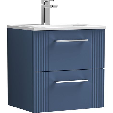 Belvide Partial Fluted 2 Drawer Wall Hung Vanity Unit with 1 Tap Hole Minimalist Basin - 500mm - Blue (1/4)