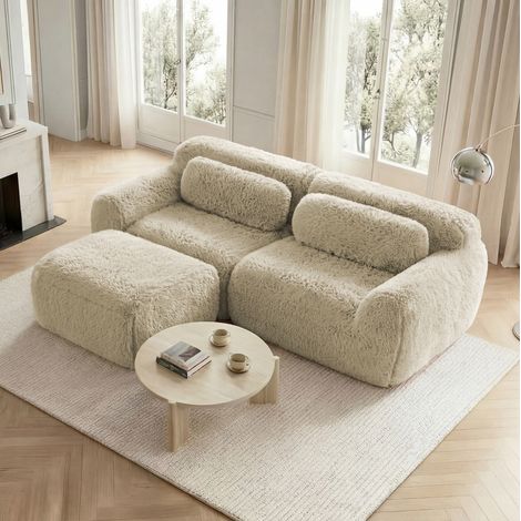 MODFU – Divano angolare modulabile 2 posti 204x179 cm in tessuto peluche con schiuma 32D, pouf, base antiscivolo, carico 45,25 kg e montaggio senza attrezzi – Kaki chiaro (1/5)