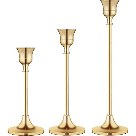 Lot de 3 porte-bougies, laiton doré, design conique, base stable, décoration mariage, dîner (1/5)
