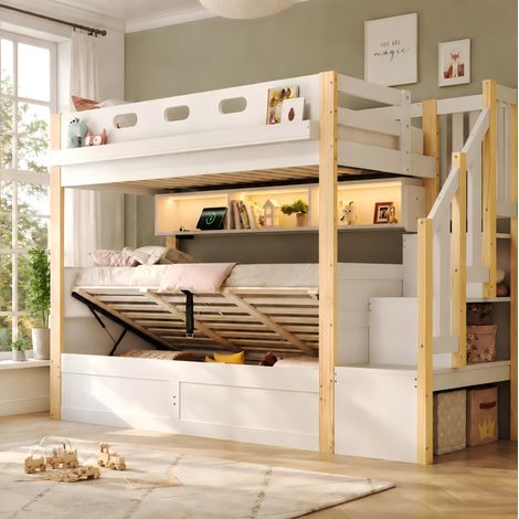Letto a castello 90x200+90x200 cm con letto inferiore sollevabile, scala contenitore, luci LED, legno di pino bianco (1/5)