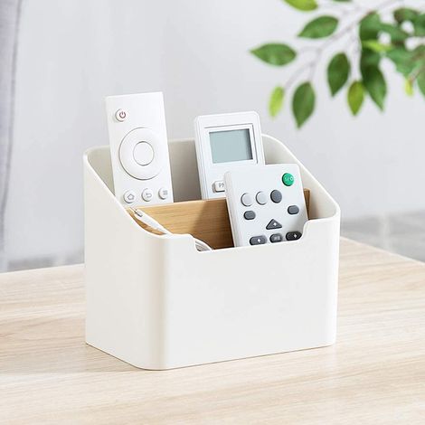 1 Boîte de rangement, 2 compartiments, plastique et bois, pour télécommandes et fournitures, bureau et maison (1/5)