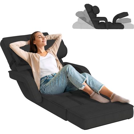 YODOLLA Chaise de Sol Pliable Réglable, Chaise Longue Pliante avec Accoudoirs, Coussin et Repos-Pieds, Fauteuil de Salon pour Méditer, Lire, se Reposer, sans Assemblage(Noir) (1/5)