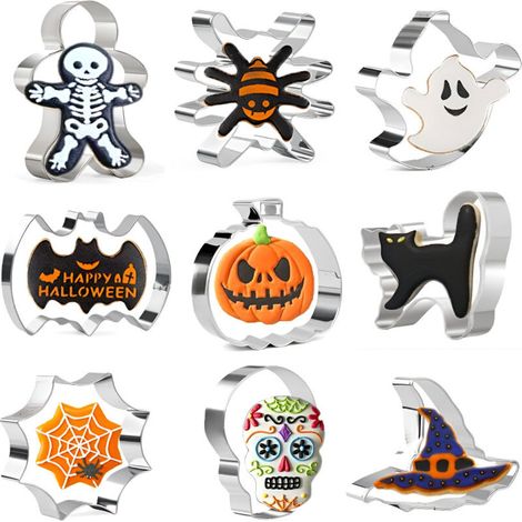 Set di formine per biscotti di Halloween, 9 pezzi in acciaio inossidabile: zucca, fantasma, pipistrello, gatto nero, cappello da strega, teschio, ragno, ragnatela, argento (1/4)