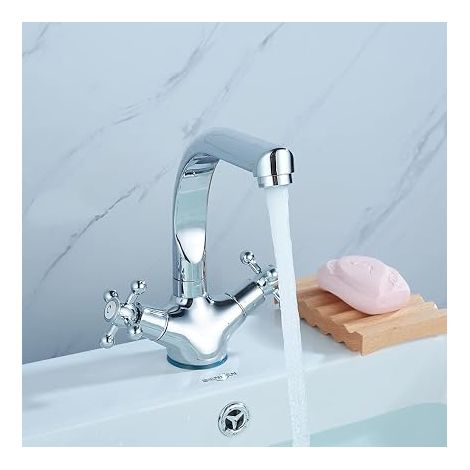 Robinet de lavabo rétro - Mélangeur à deux poignées - Argent - Mitigeur à deux poignées - Noyau en laiton chromé (1/5)