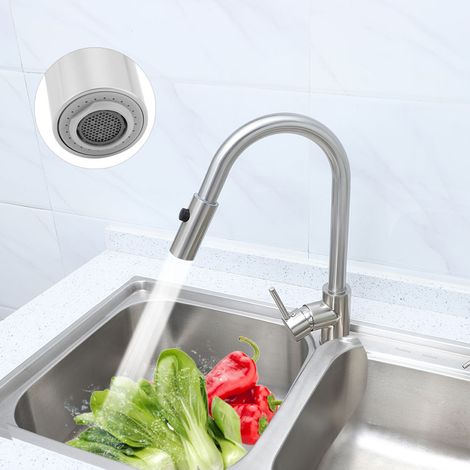 Robinet d'évier de cuisine en laiton à poignée unique et douchette extractible, finition nickel brossé (EU G3/8") (1/5)