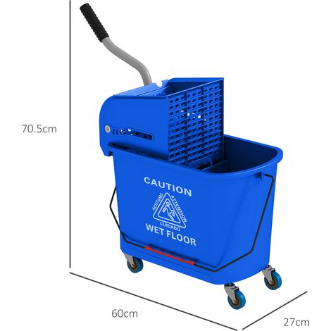 Chariot ménager avec seau 20 L, essoreuse intégrée et séparateur eau propre/sale, bleu, dimensions 60 L x 27 l x 70,5 H cm, pour entretien domestique. (1/4)