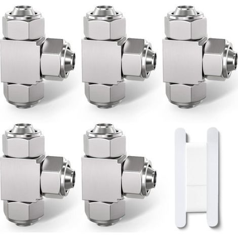 5 Pcs 8mm 3 Way Tee Push pour connecter le raccord pneumatique de Tube d’écrou de verrouillage,3 Way Nickel plaqué adaptateur rapide de ligne d’air KPE8 (1/4)