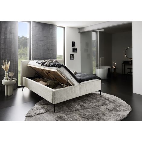 Meise Möbel Stauraumbett Riva 180x200 cm Doppelbett Bettkasten & Lattenrost (Federholzrahmen) Webstoff Beigegrau Metallfuß schwarz (1/5)