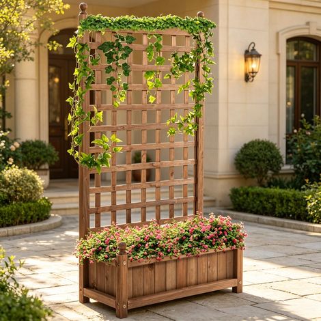 Jardinière surélevée avec treillis pour plantes grimpantes, bac à fleurs élégant avec dossier en grille, support de plantation moderne, pot décoratif à structure ajourée (sans plantes) (1/5)