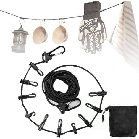 Corde à linge de voyage de 5 m avec 10 crochets, corde à linge de camping, accessoires pour salle de bain, buanderie, jardin ou voyage pour accrocher votre équipement de camping (noir) (1/5)