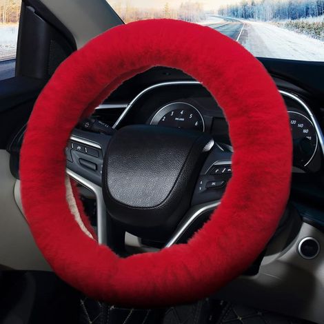 (Rouge) Housse de volant en fourrure duveteuse, housse de volant de voiture, Fu (1/3)