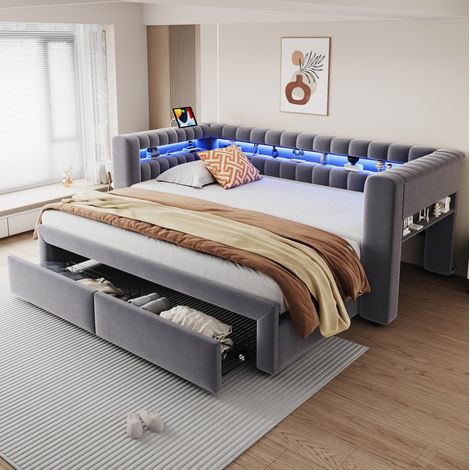 Letto contenitore 90x190 cm estensibile 180x190 con LED, USB, Type-C, vani contenitore e cassetti, velluto - grigio scuro (1/5)