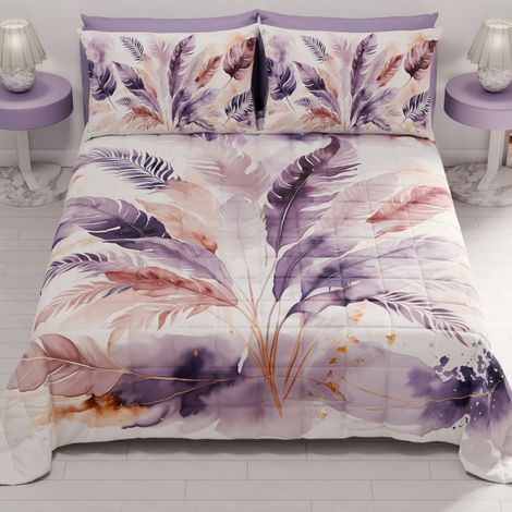 Couvre-lit d'été 260x270 cm 100 g/m² Double Face, Couette légère pour lit Double, Printemps, Modèle Palmier Lilas, 100% Fabriqué en Italie (1/2)