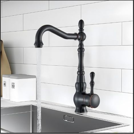Mitigeur cuisine noir pivotant 360° – Design vintage industriel – Robinet d’évier noir mat
