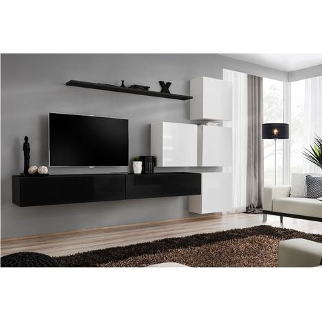 Ensemble meuble TV mural  - Switch IX - 310 cm x 200 cm x 40 cm - Noir et blanc - Livraison gratuite