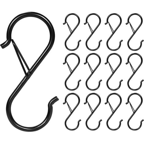 12 Pièces Petits Crochets S, Crochets en Métal Robuste avec Boucle de Sécurité pour Bureau Cuisine Salle de Bains Jardin Armoire (Noir) (1/5)