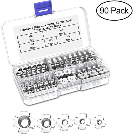 SABIR 90pcs Ecrou en T 4 Griffes, Ecrous en T en Acier au Carbone, M3/M4/M5/M6/M8, Travail du Bois Meuble, Écrou Inserts en Acier au Carbone T (1/5)