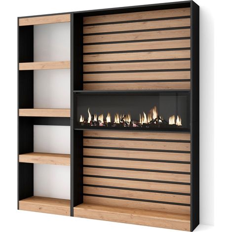 Skraut Home - Bücherregal Bibliothek, Bookshelf, Bookcase, 170x186x25cm, Wohnzimmer, Esszimmer, Büro, Elektrokamin. Maße, Moderner Stil, Eiche Schwarz (1/5)