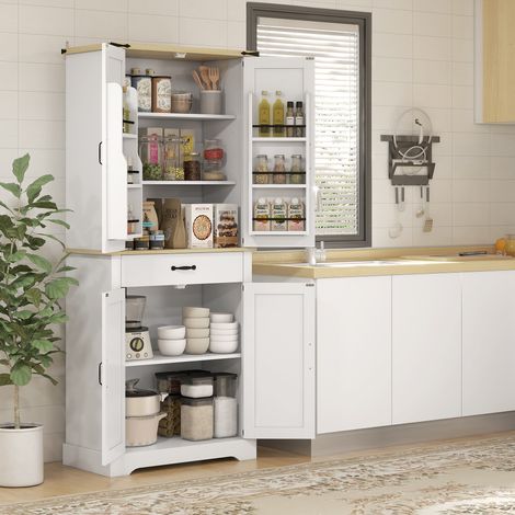 Küchenschrank/Buffet, 4 Türen, 6 Einlegeböden, 1 Schublade und verstellbare Einlegeböden, 76,5 x 40 x 181 cm, weiß
