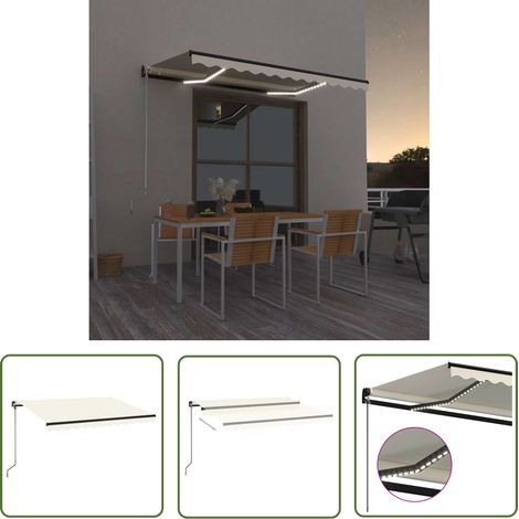 Auvent Marquise manuel rétractable avec LED, Store Banne pour Jardin Balcon Terrasse, 350x250 cm Crème OIB1734E (1/5)