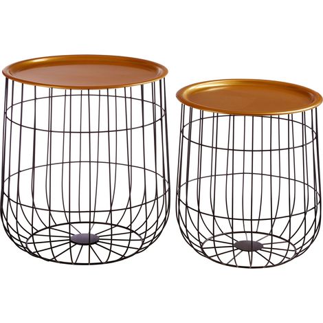 Interiors by Premier Set of 2 Black Round Basket Side Tables, Wirefame Side Tables with Gold Tops, Endtables for living room (1/3)