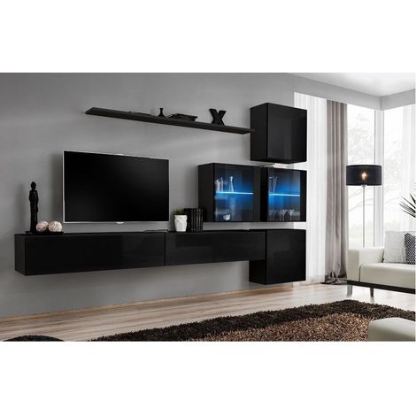 Ensemble meuble TV mural  - Switch XIX - 310 cm x 200 cm x 40 cm - Noir - Livraison gratuite