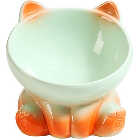 Elevated Cat Bowls, Raised Cat Bowls for Indoor Cats, Tilted Cat Food Bowls Whisker Friendly, Cute Gradient Color Ceramic Cat Bowl for for Cats of All Ages(Orange Green) (1/5)