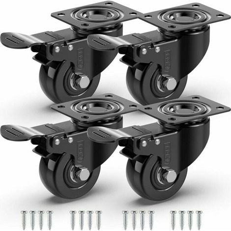 4 roulettes pivotantes pour meubles avec freins et vis - 50 mm, charge maximale 200 kg - roulettes robustes non marquantes - roues en caoutchouc pour chariot - noires (1/5)