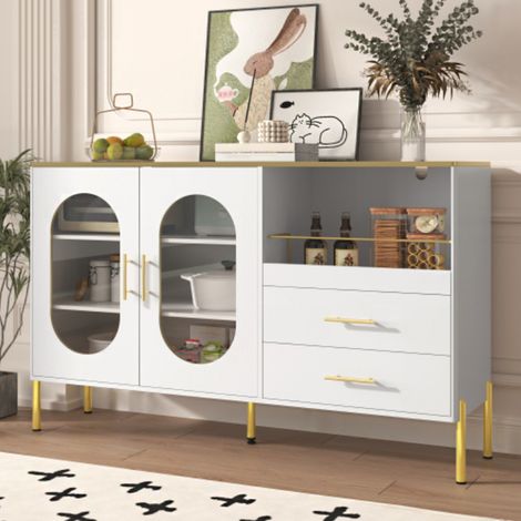 Élégant buffet à 2 tiroirs et 2 portes vitrées – Commode moderne blanche aux accents dorés – Grand espace de rangement – Idéal pour le salon, la salle à manger ou l'entrée. (1/5)