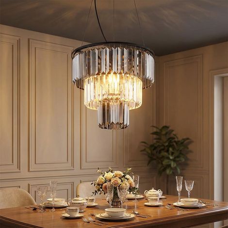 Lampadario a sospensione lampada da soggiorno lampada da sala da pranzo, metallo nero, cristalli di vetro color fumo, 3 lampadine E27, H 120 cm (1/5)