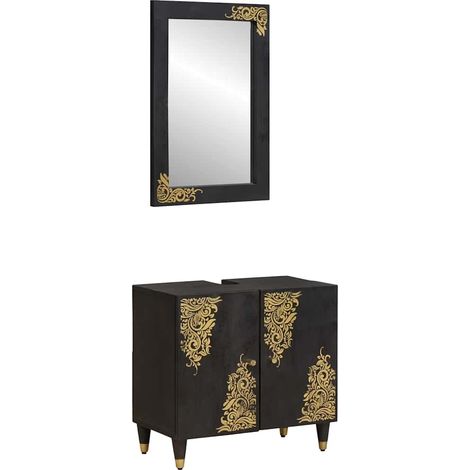 Badezimmerschrank-Set mit Tür 2 pcs Schwarz Massivholz Mango
