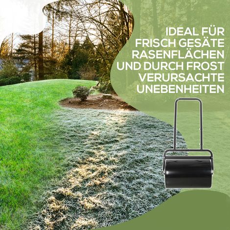 Rouleau à gazon avec poignée en U, rouleau de jardin, 32 cm de diamètre, 38 L d'eau / 62 kg de sable, métal, noir, 58 x 32,5 x 113 cm (1/4)