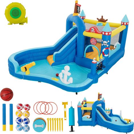 UEV 9 en 1 Château Gonflable pour Enfants XXL, Parc Aquatique avec Souffleur 450W, Zone de Saut, Toboggan, Mur d'escalade, Jeu de Lancer, pour Enfants de 3-8 Ans, 444 x 348 x 260 cm