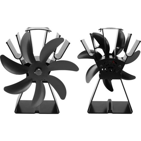 Ventilateur de poêle à bois à 7 pales, alimenté par la chaleur, fonctionnement silencieux, en alliage d'aluminium, base trapézoïdale verticale, noir. (1/5)