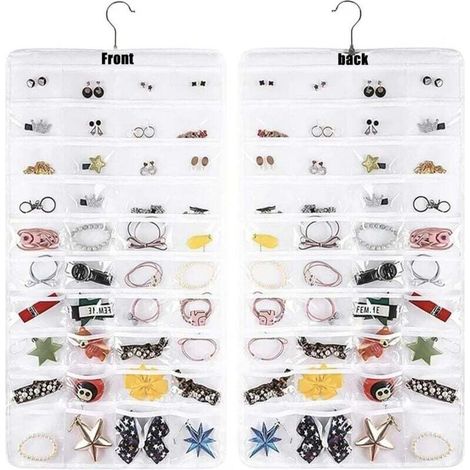 Organisateur de bijoux à suspendre double face : organisateur de bijoux à suspendre, 80 petites cellules, porte-boucles d'oreilles, sac de rangement (1/4)