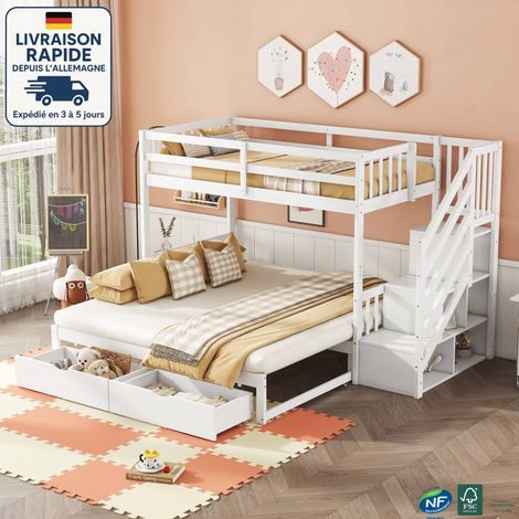 Lit superposé 90x200cm, pin, escalier avec rangement, lit double avec 2 tiroirs, sans matelas, blanc (1/5)