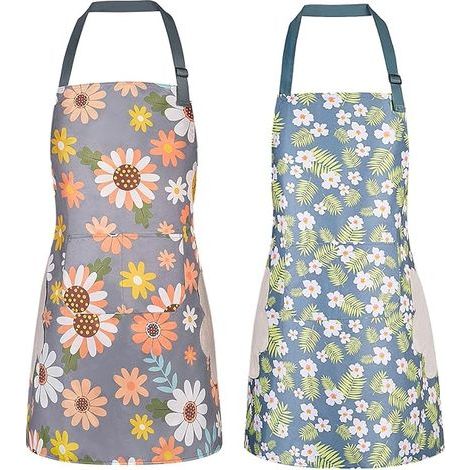 Set di 2 grembiuli floreali da donna con tasche, impermeabili e regolabili, ideali per cucinare, fare giardinaggio e stare in soggiorno. (1/5)