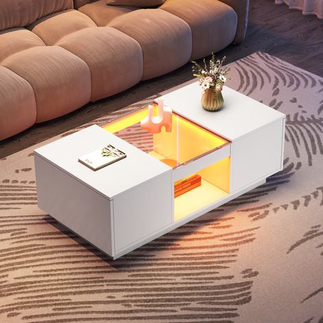 LED Coffee Table for Living Room, Modern Coffee Table with Storage with LED Lights, 2 Tiers and 2 Drawers, Large Living Room Center Tables White