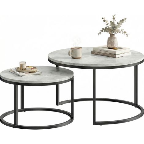 Lot de 2 Tables Basses Gigognes Rondes Effet Marbre Gris Plateau Bois et Pieds Métal pour Salon et Bureau (1/5)