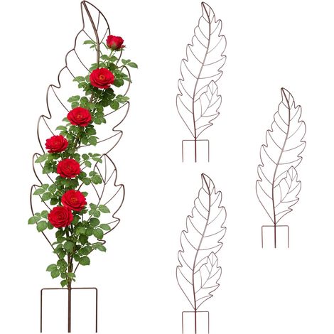 Reticoli Relaxdays, set da 4, HxL 100x30 cm, forma a foglia, metallo, supporto per rampicanti, giardino e vaso, marrone