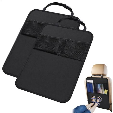 Protection Siège Voiture Enfant, Organisateur Voiture avec 2 Poches, Protège Siège Voiture Enfant, Organisateur Voiture, Fixation par Sangles, Facile à Nettoyer, Universel, Noir (1/5)