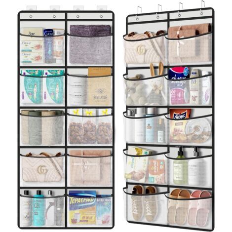 QORVA-2 Pièces Rangement Porte avec 10 Poches en Filet – Organisateur Suspendu avec 4 Crochets – Étagères Suspendues 54,5 x 126 cm pour Chambre, Salon, Salle de Bain (1/5)