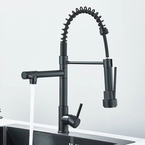 Robinet de cuisine à ressort pour comptoir - Bec pivotant, robinet d'eau chaude/froide en acier inoxydable 304 avec poignée unique - Noir B (1/5)