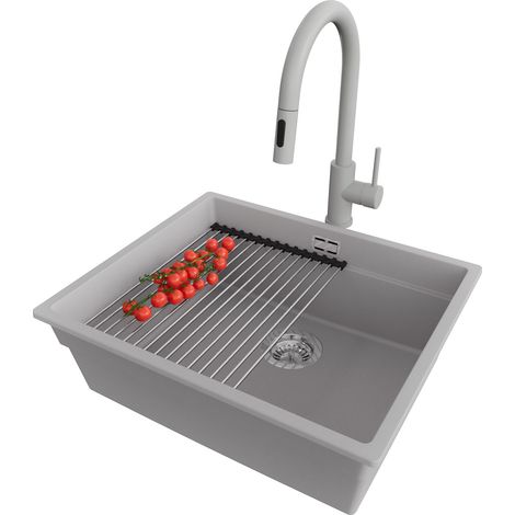 PRIMAGRAN Evier Sous Plan 56x47cm,Evier en Granit 1 bac + Robinet 40x20cm + Kit de Vidage + Égouttoir Enroulable, Évier au meuble 60cm - Prague, Gris (1/5)