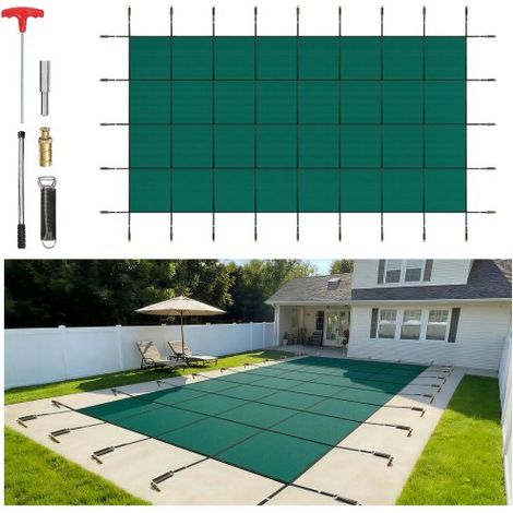 Couverture de sécurité pour piscines creusées 6,1 x 12,2 m maille verte couverture de sécurité taille 6,7 x 12,8 m avec outils d'installation pour piscine d'hiver, résister au soleil, au vent (1/4)