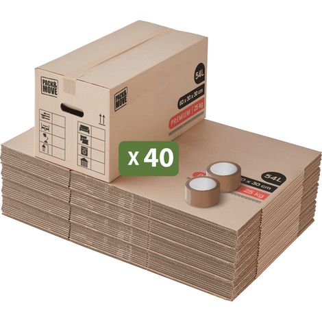 Pack and Move - Lot 40 Cartons Déménagement Premium - 60 X 30 X 30 - Extrême Résistance 20KG - Réutilisable - Poignées Renforcées - 2 Adhésifs Offerts