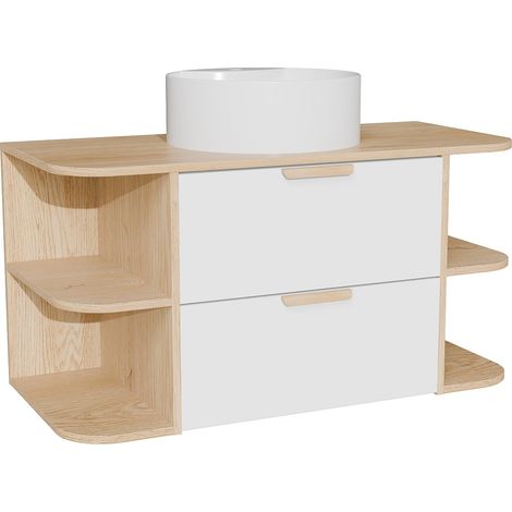 Meuble de salle de bain suspendu avec niches et vasque à poser ronde – Blanc et naturel clair – L100 cm – AVORELI (1/4)