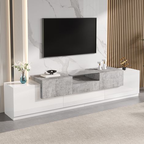 Modernluxe - Meuble TV 200 x 33 x 48,5 cm - 5 portes et 1 tiroir - Étagère ouverte - Finition brillante - Blanc et gris ciment (1/5)