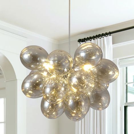 3-Light Bubble Glass Chandelier, Dimmable Adjustable Height Pendant Light for High Ceilings & Sloped Ceilings